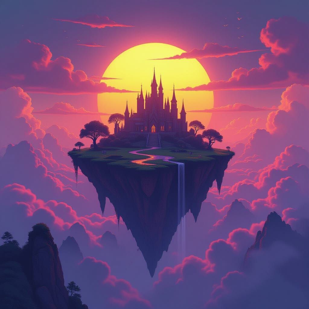 Floating Island Sunset in Dark Fantasy Concept Art Style
