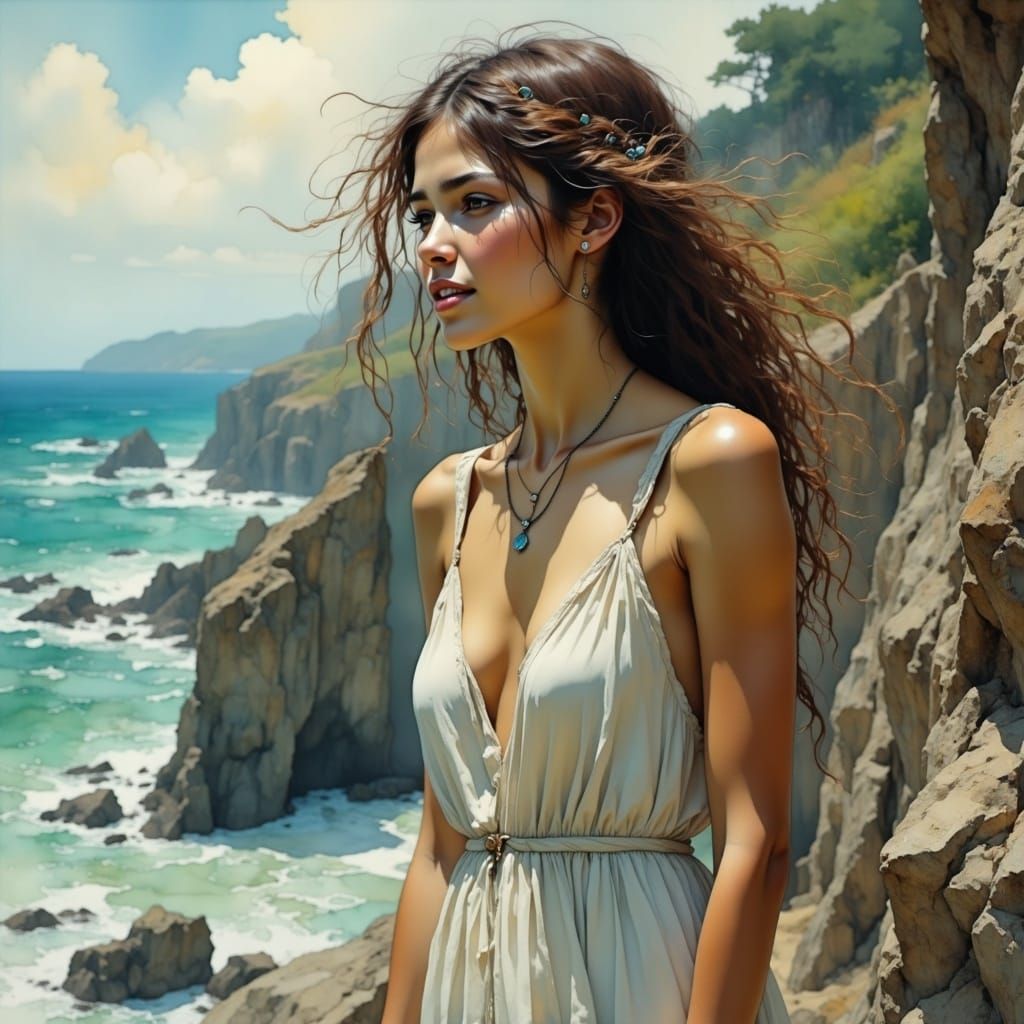 Woman on Rocks Crying in Painterly Style