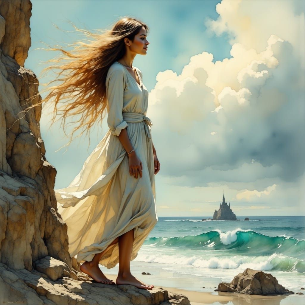 Wistful Woman at Cliff's Edge in Painterly Style