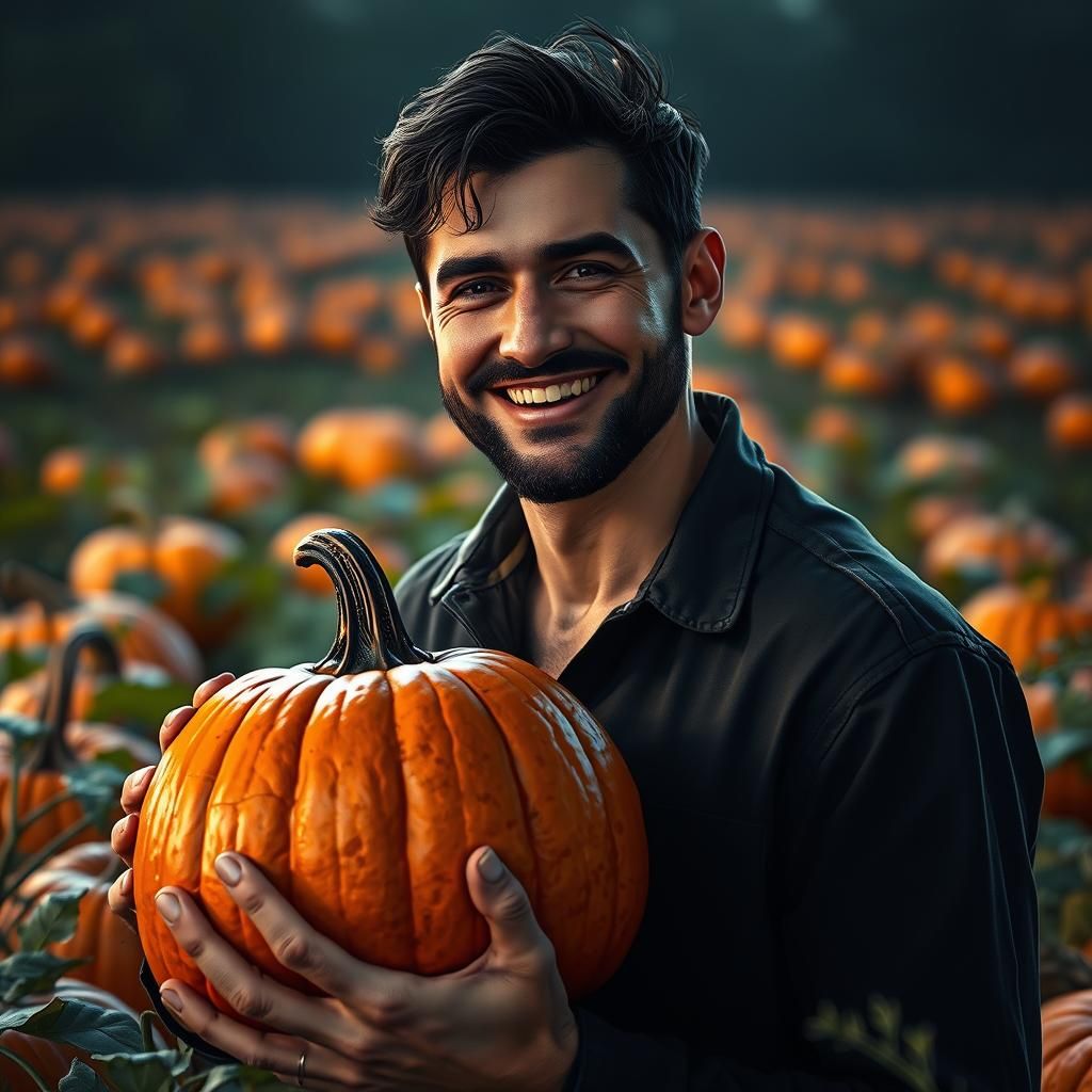 Man Smiling and Holding Pumpkin: Hyperdetailed Portrait