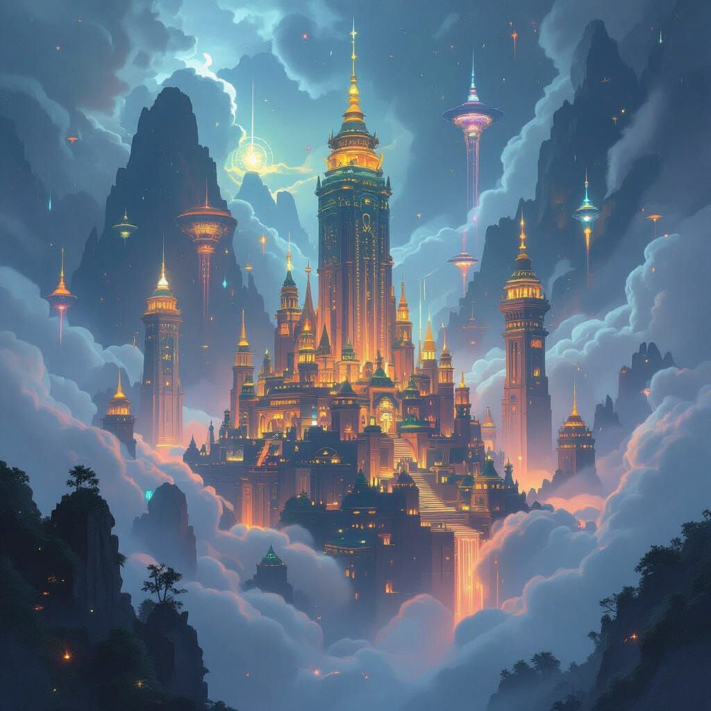 Majestic Floating Structures in Ethereal Mist