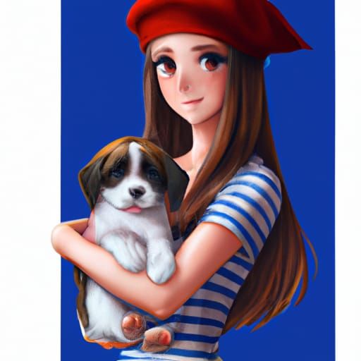 Anime Girl with Puppy, Digital Art Portrait