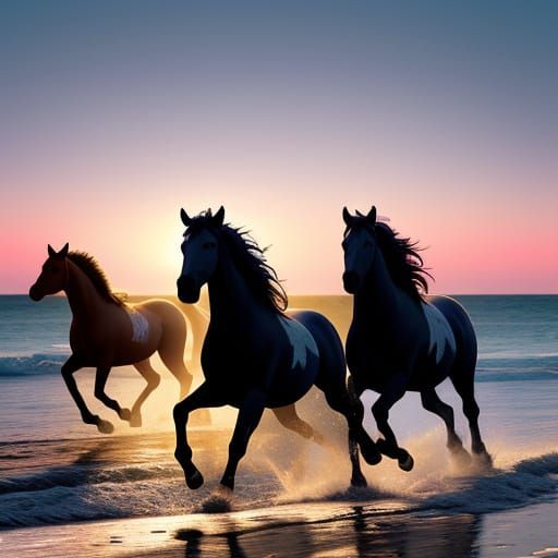 Wild Horses Silhouetted Against Vibrant Sunrise