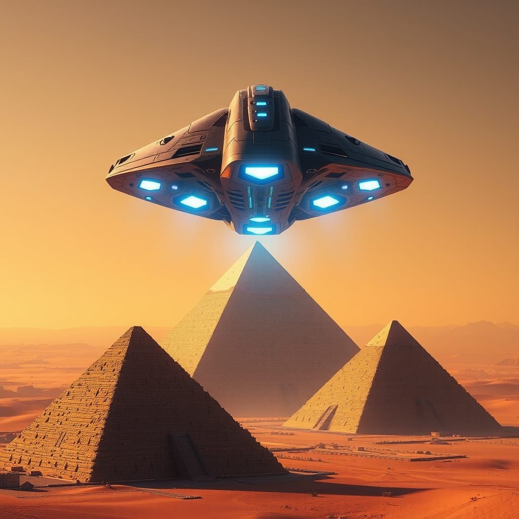 Futuristic Spaceship Over Egyptian Pyramids, Cinematic Style
