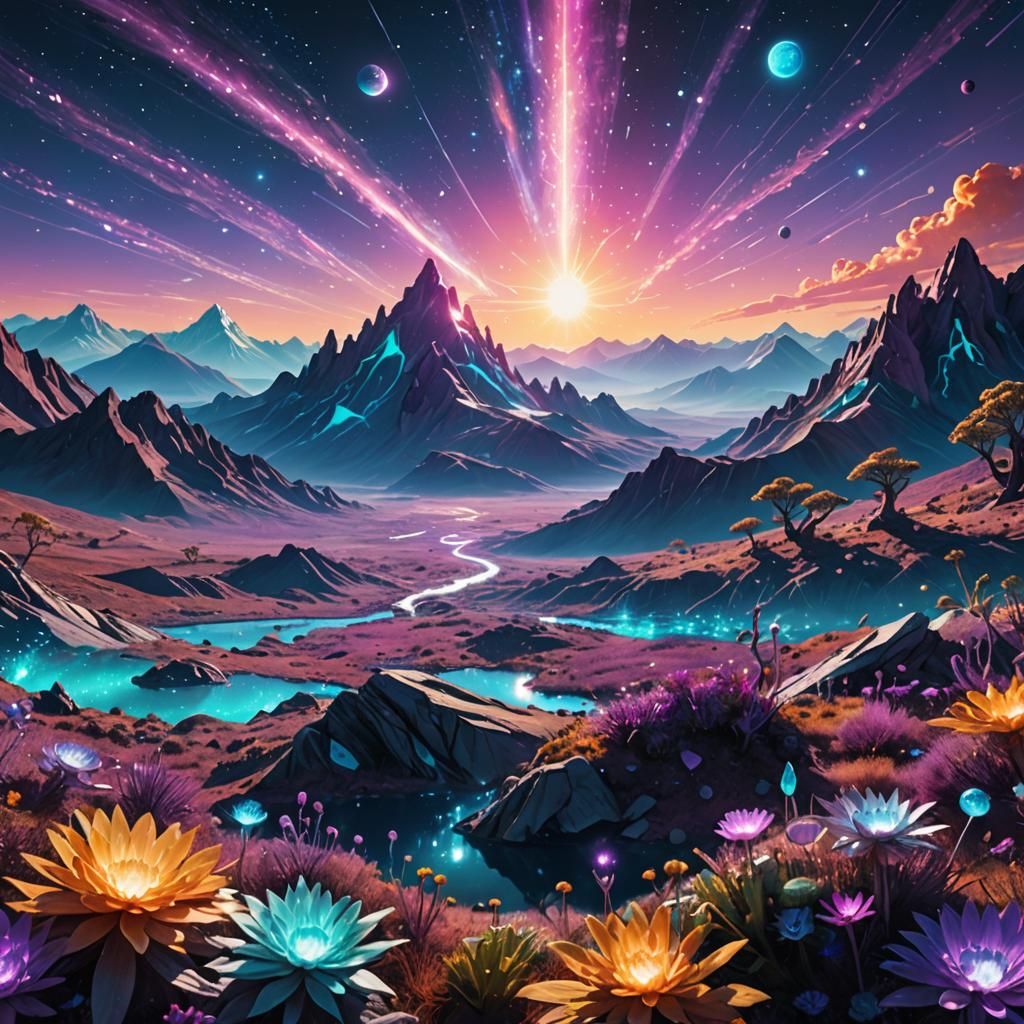 Surreal Cosmic Landscape with Crystalline Mountains