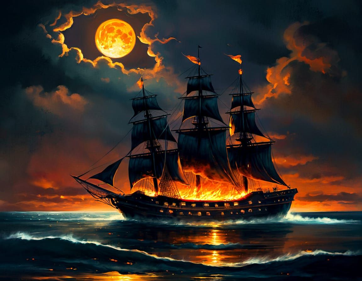 Ethereal Ghost Ship Ablaze on a Moonlit Ocean