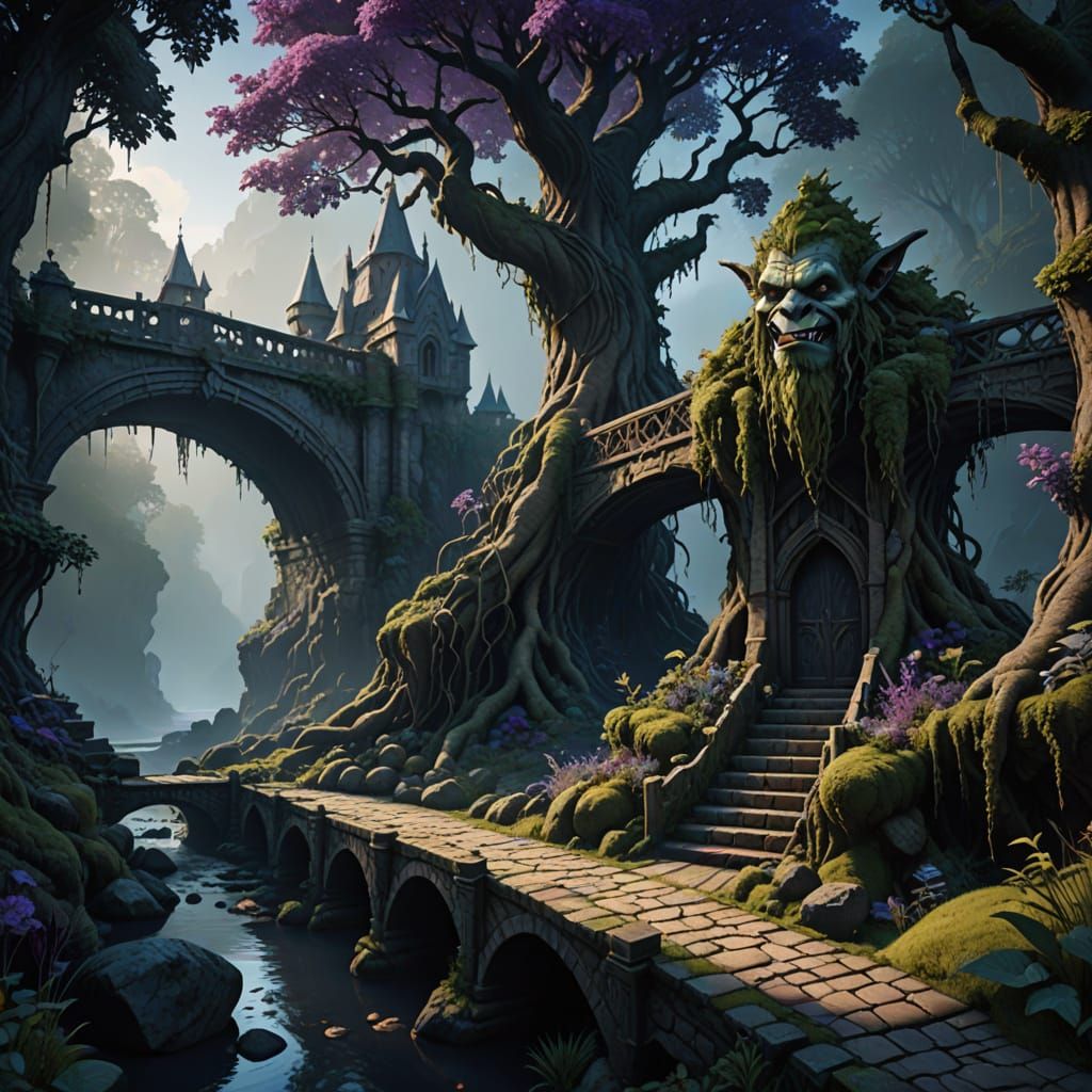 Medieval Fantasy Kingdom's Bridge Guarded by a Grinning Trol...