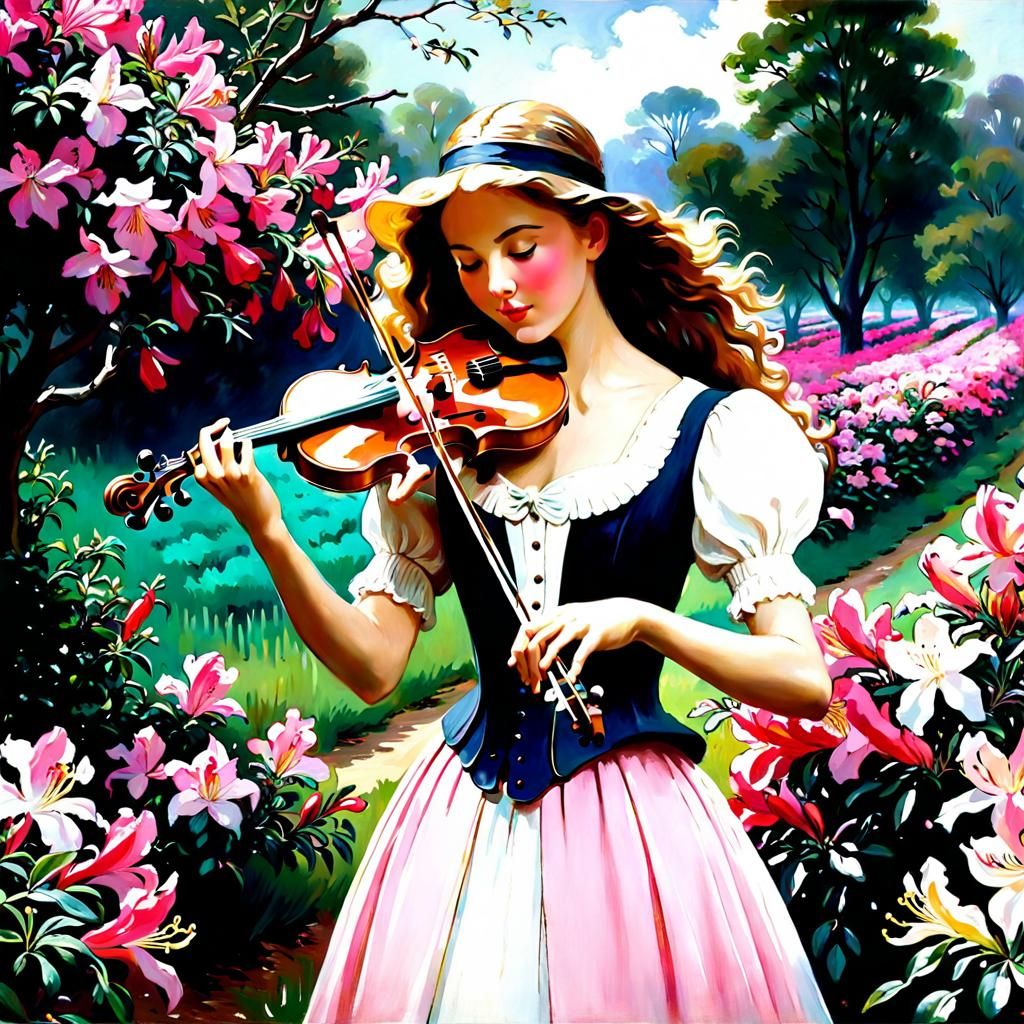 Painting of a Girl Playing Violin in a Azalea Field