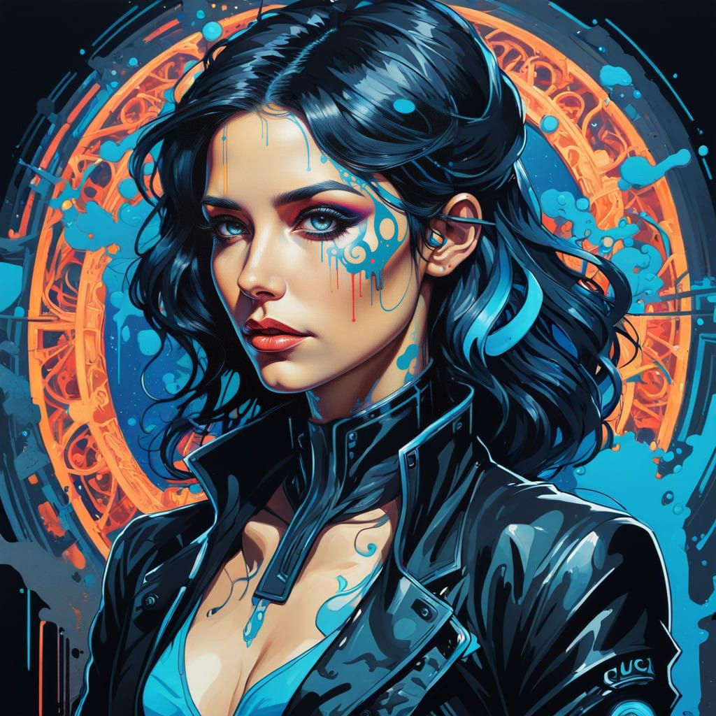 Cyberpunk Goddess in Bold Art Nouveau Style