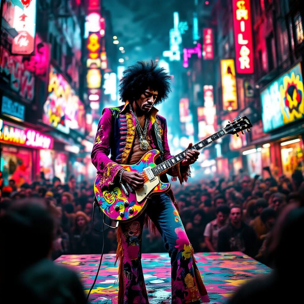Jimi Hendrix Performs on Cyberpunk Stage
