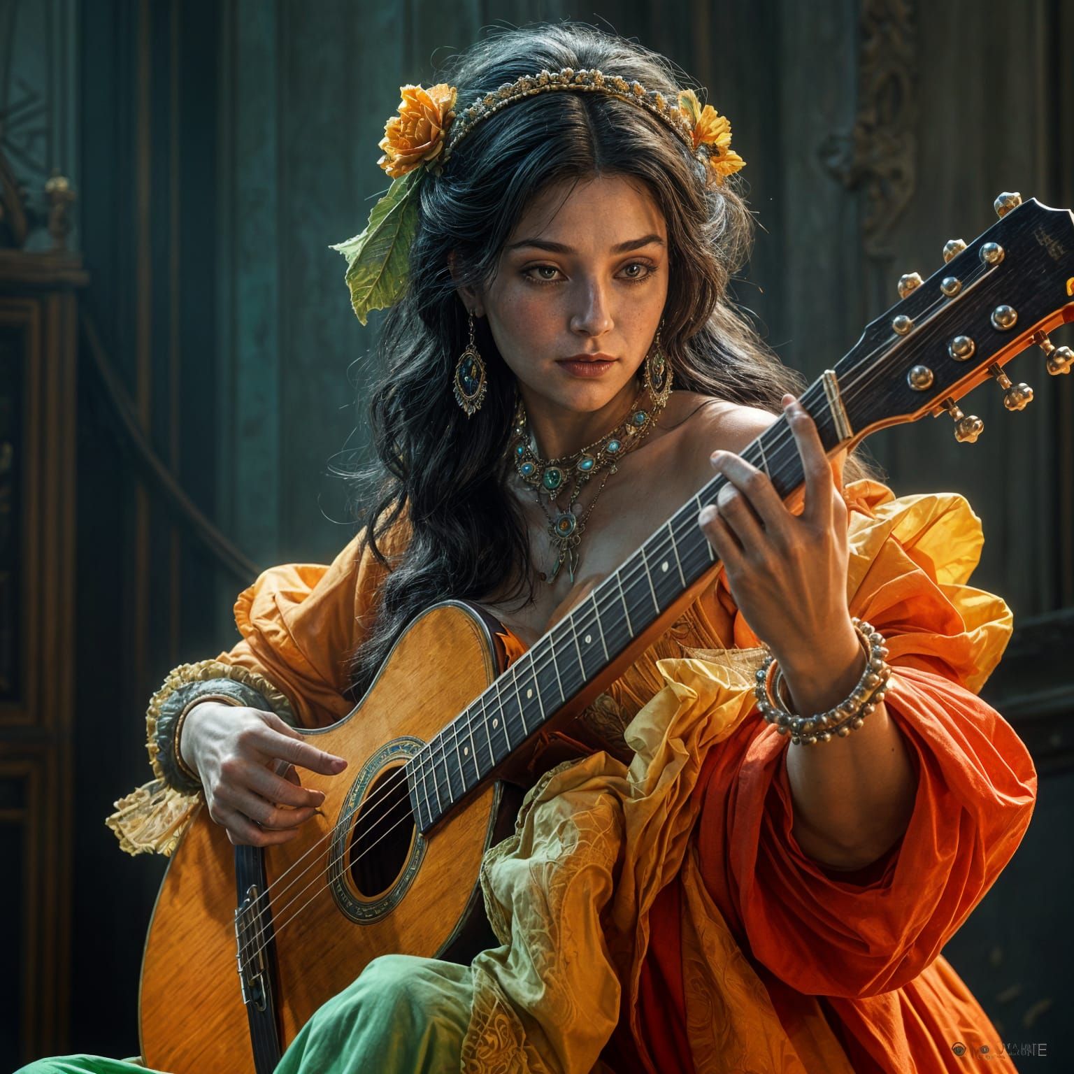 Elegant Spanish Princess Plays Guitar in Lush, 8K Concept Ar...