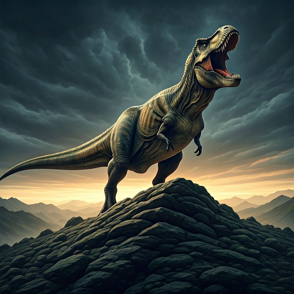 T-Rex Roaring in Stormy Landscape, Digital Matte Painting