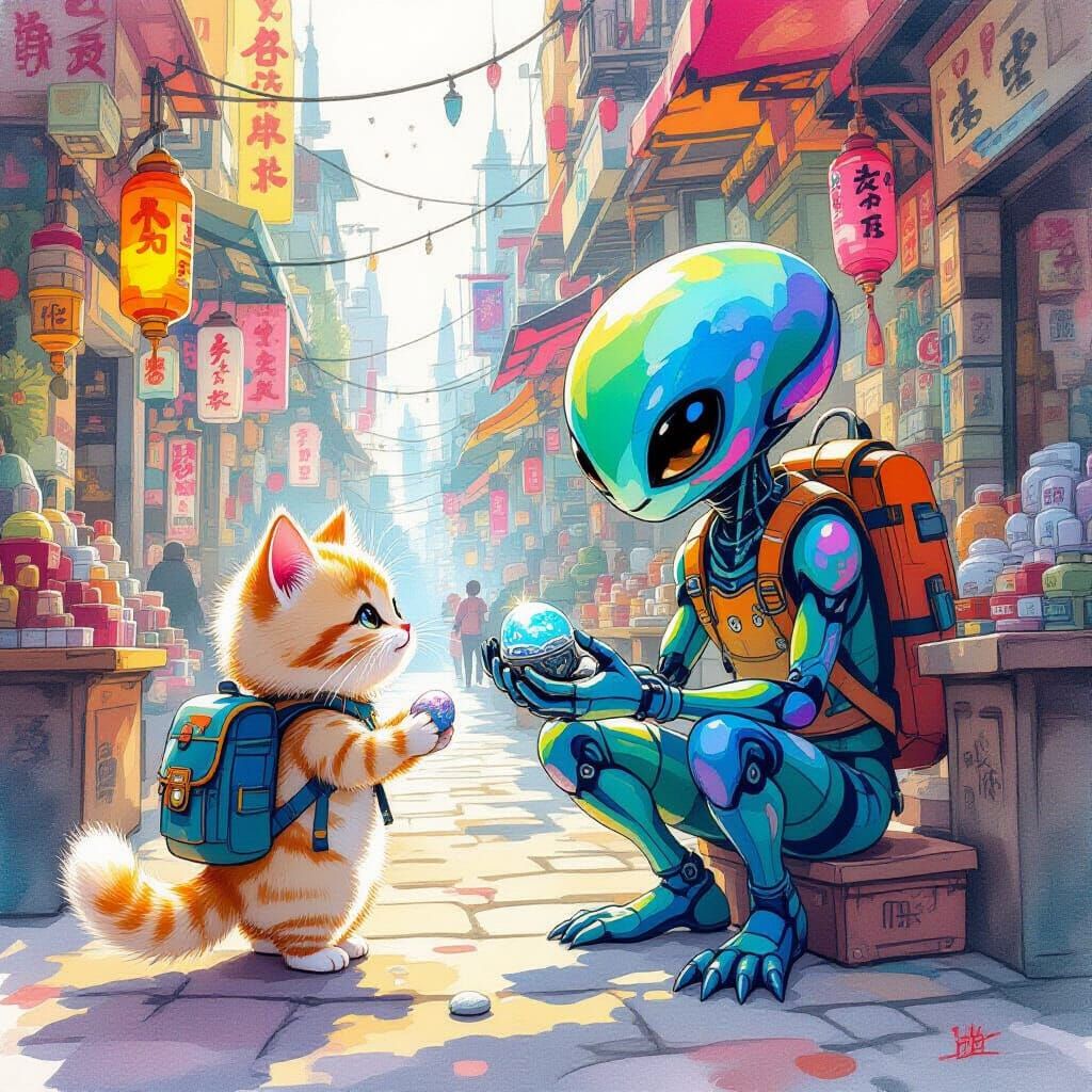 Alien Cat Trade in Vibrant Watercolor Style