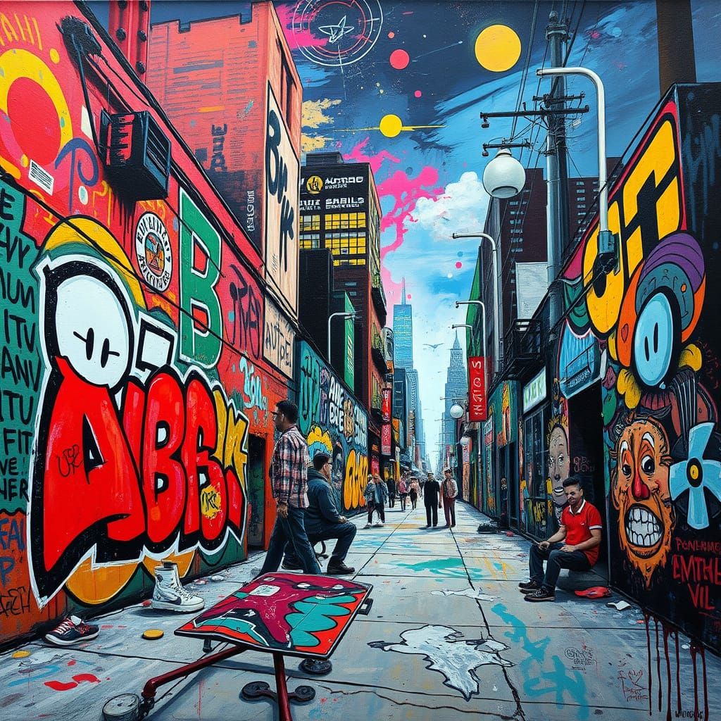 Vibrant Street Art Scene in High-Contrast Cityscape