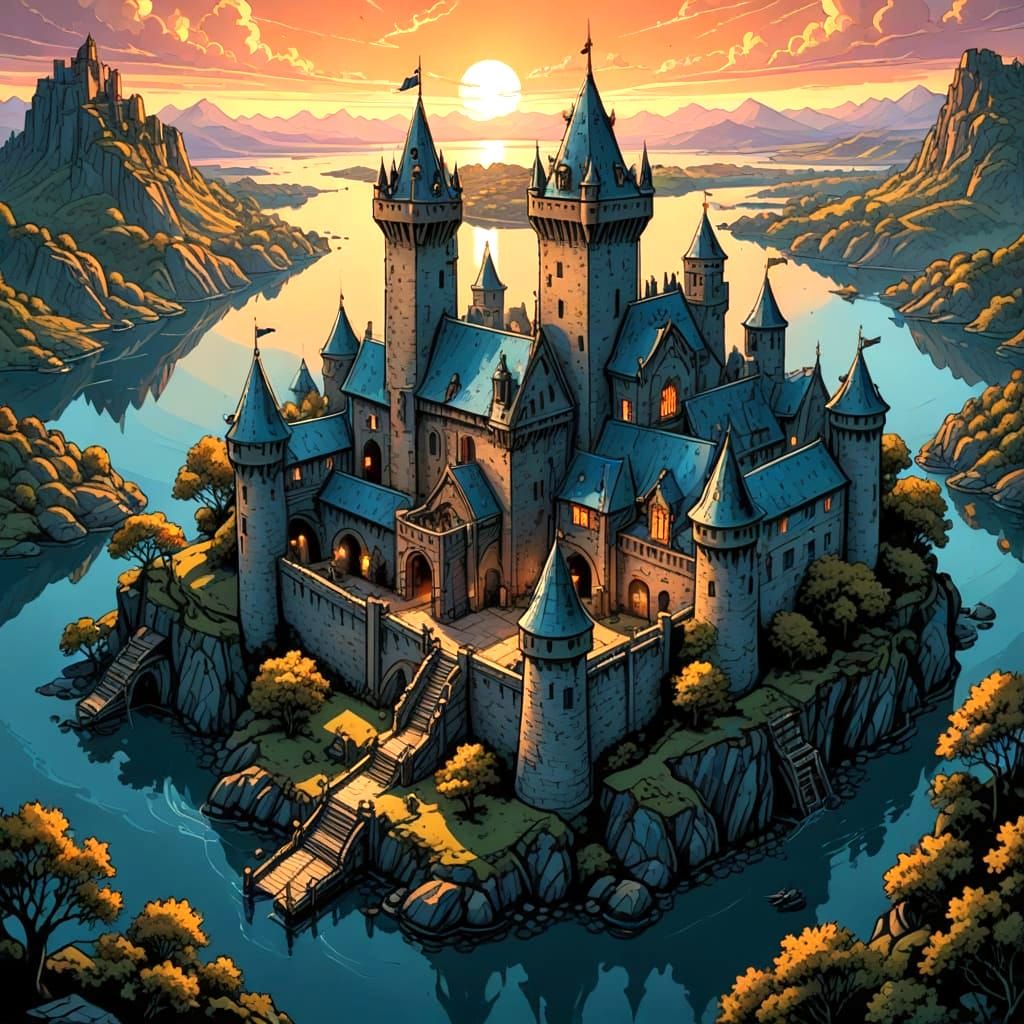 Medieval Walled Keep in Woodcut Style