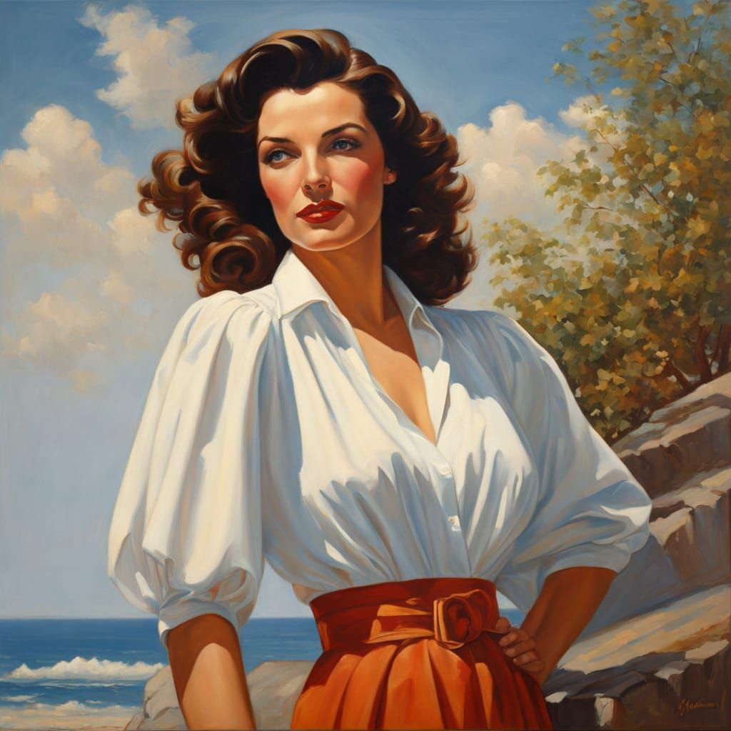 Retro Impressionistic Portrait of Woman in White Blouse