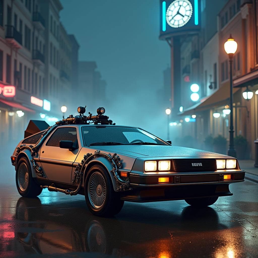 DeLorean Time Machine in Retro-Futuristic Town Square