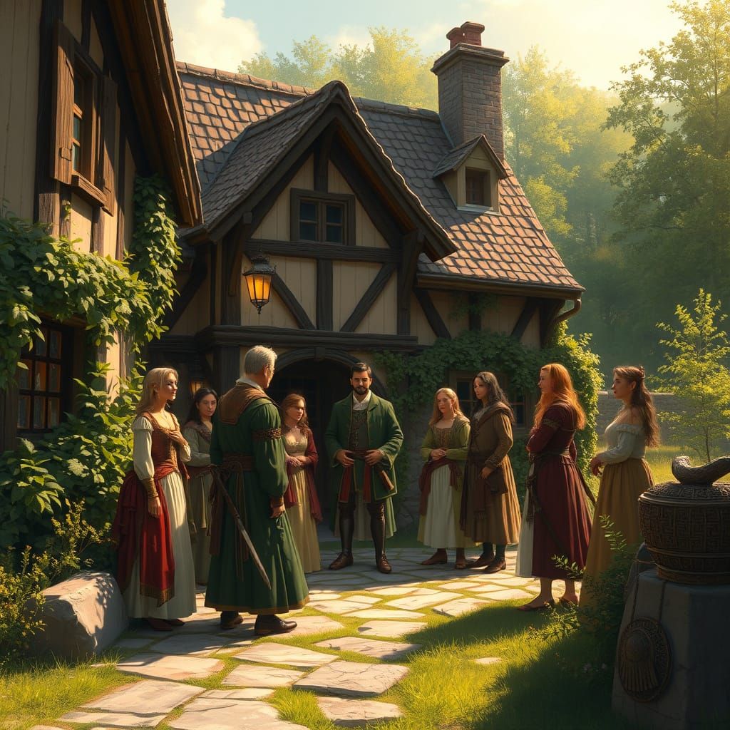 Renaissance Characters at Rustic Inn in Golden Light