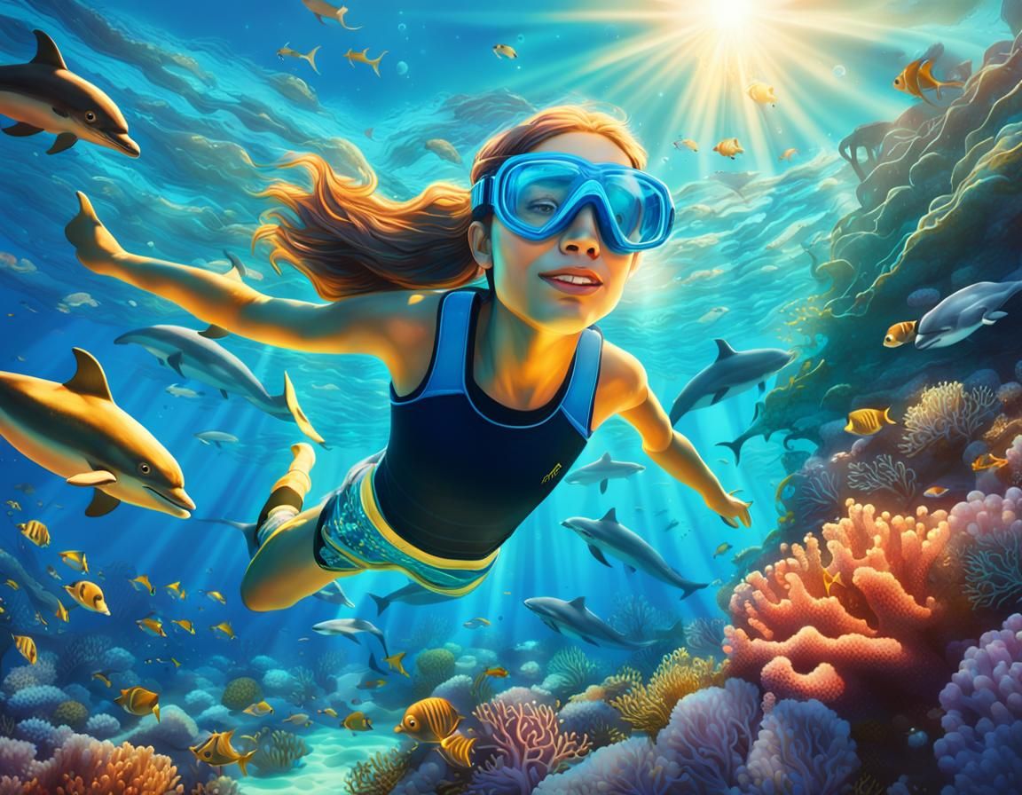 Girl Swims with Dolphins Over Coral Reef