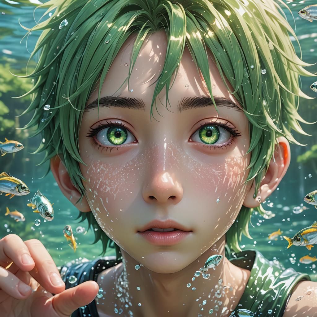 Anime Boy Under Water with Fish