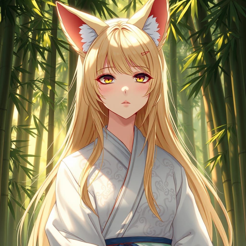 Fox-Eared Girl in Bamboo Forest: Futuristic Realism