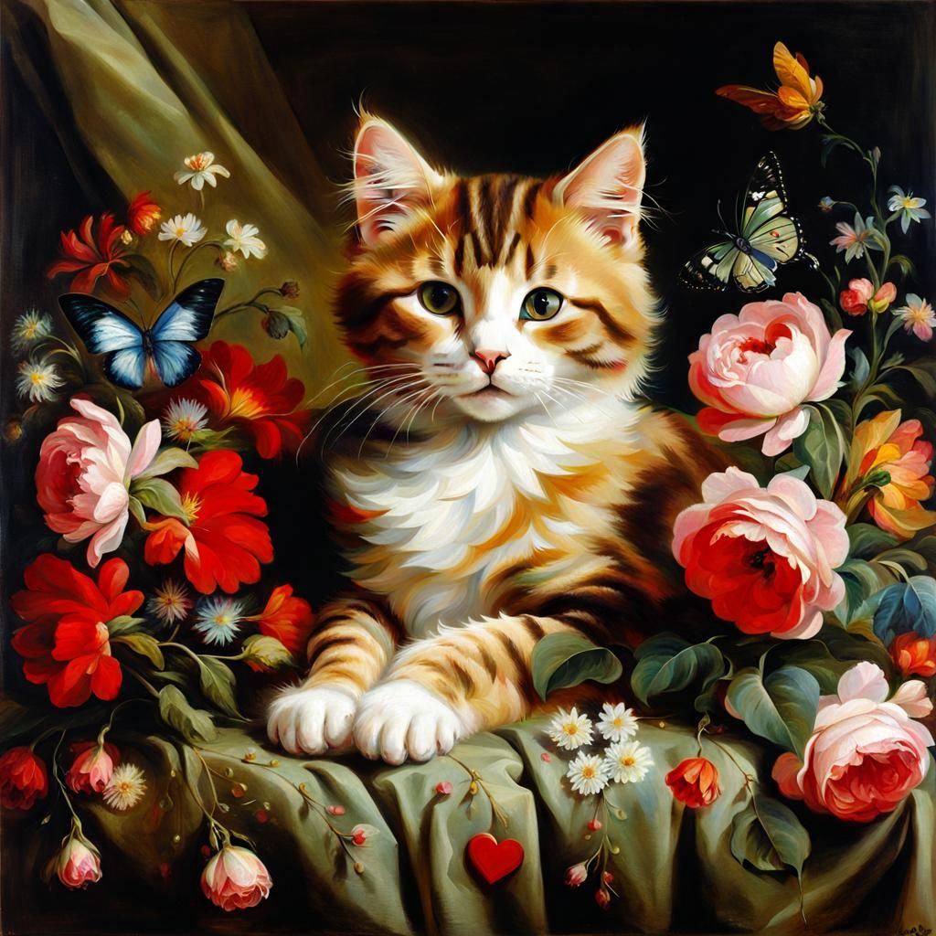 Cat Surrounded by Flowers in Baroque Style