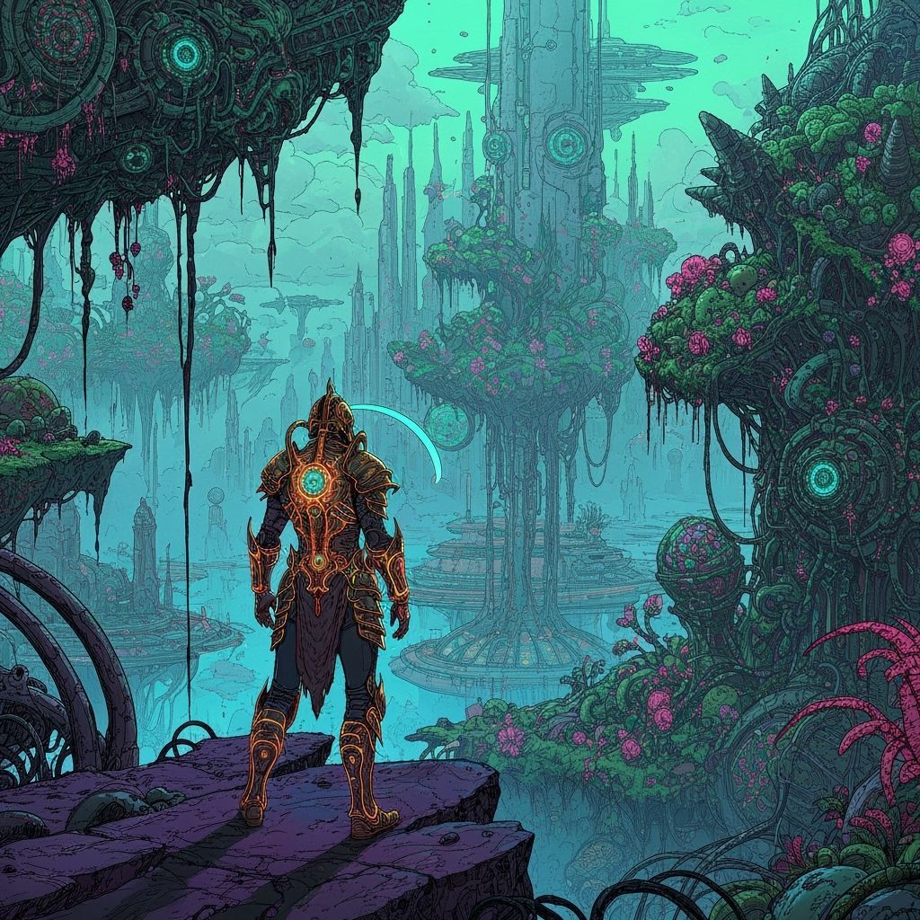 Adventurer Overlooks Alien City in Surreal Landscape