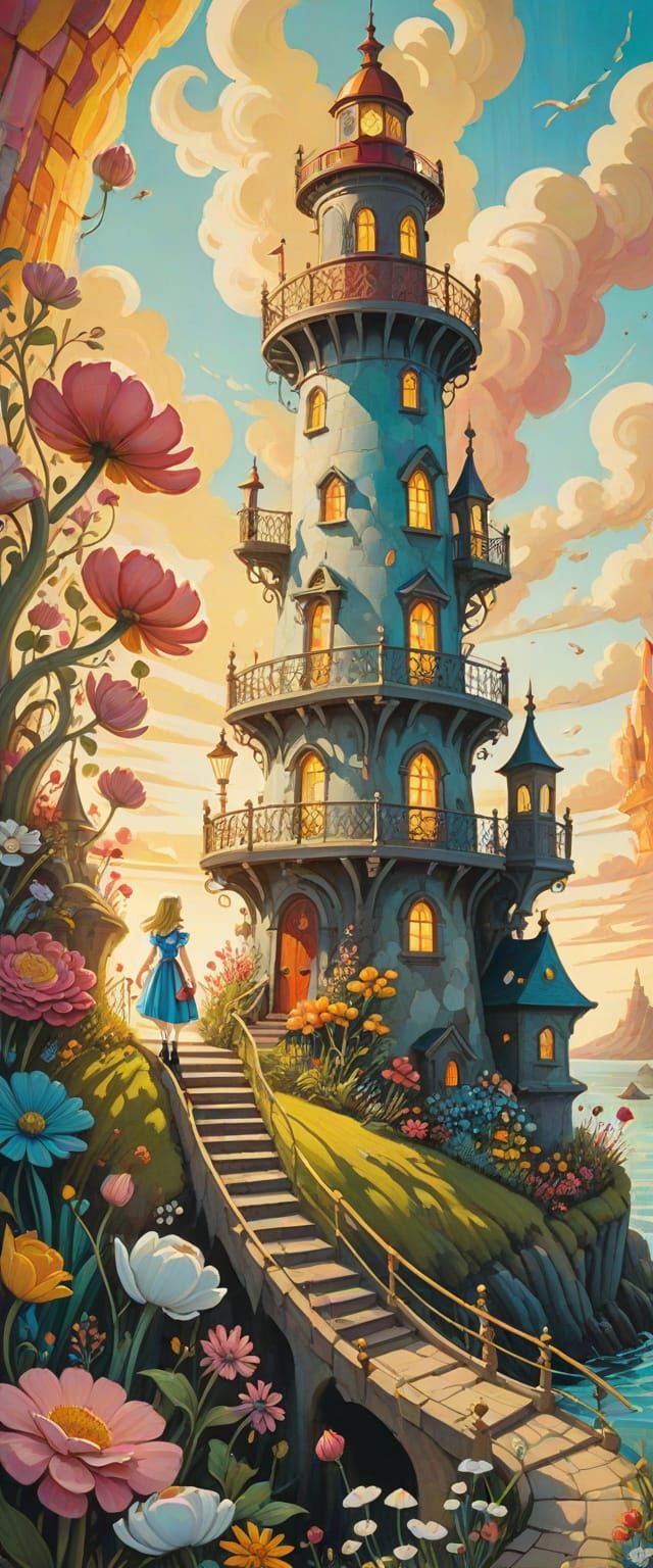 Alice in Wonderland: Surreal Gouache Lighthouse Painting