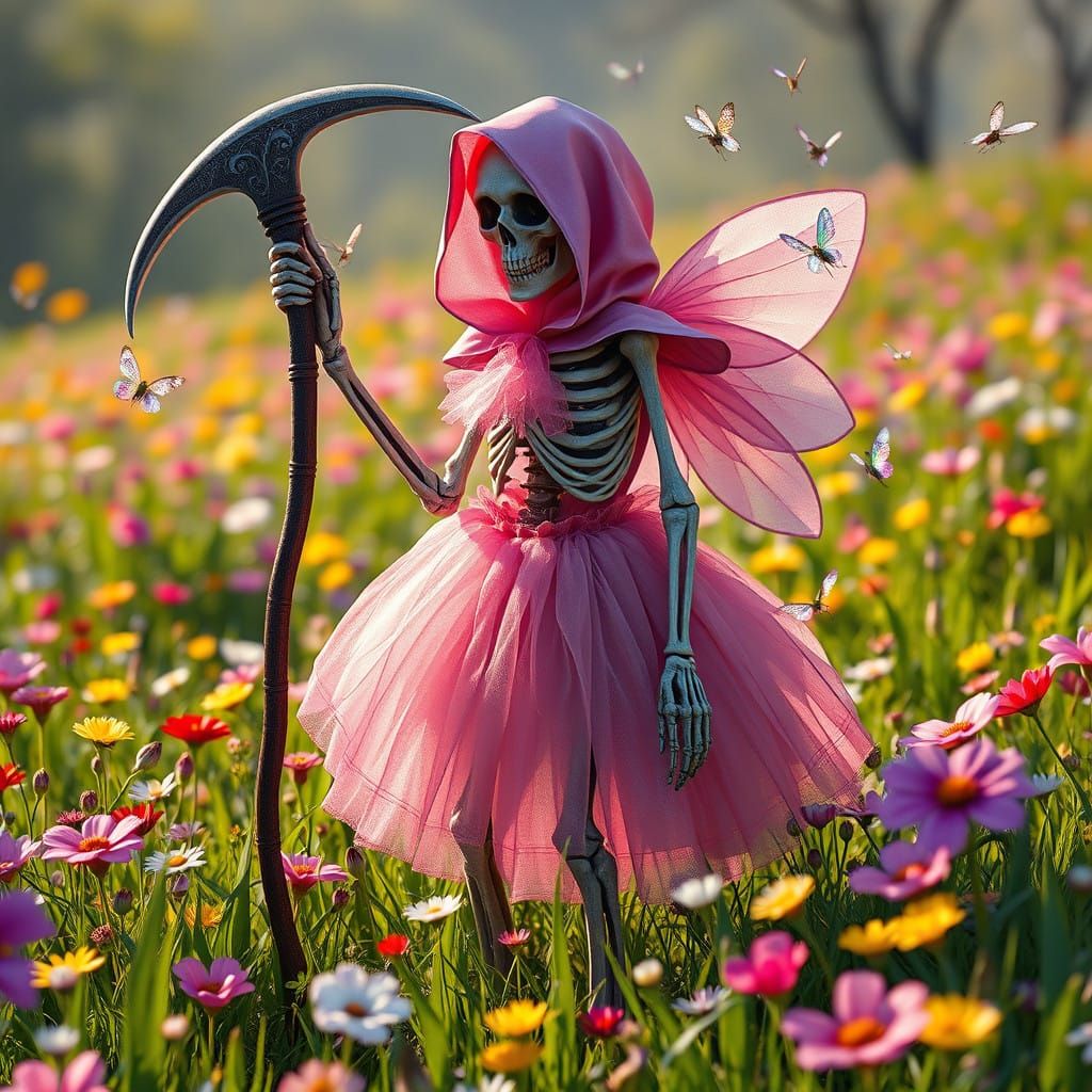 Grim Reaper Ensnared in Whimsical Spring Meadow