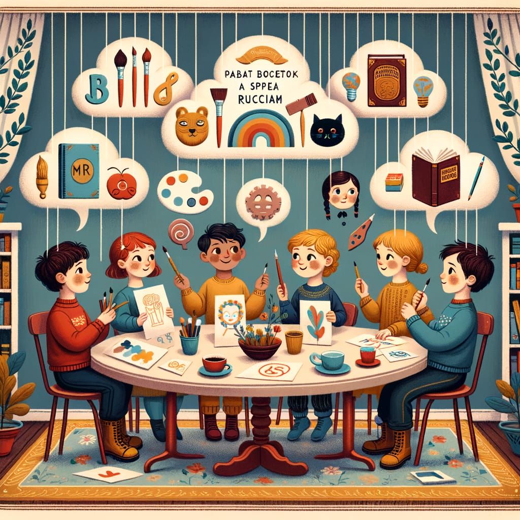 Children's Art Class with Floating Icons