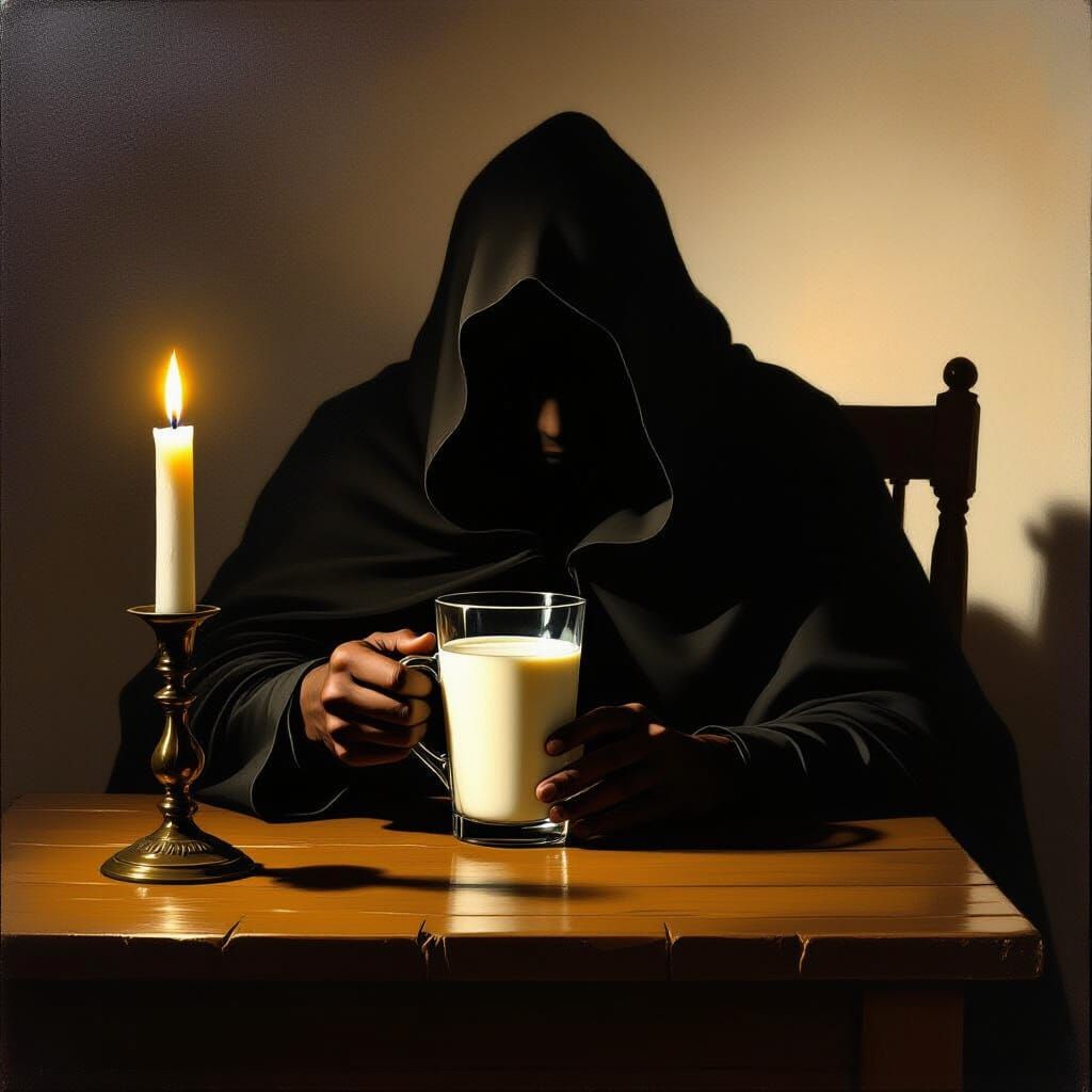 Shadowy Figure Drinks Milk in Candlelight