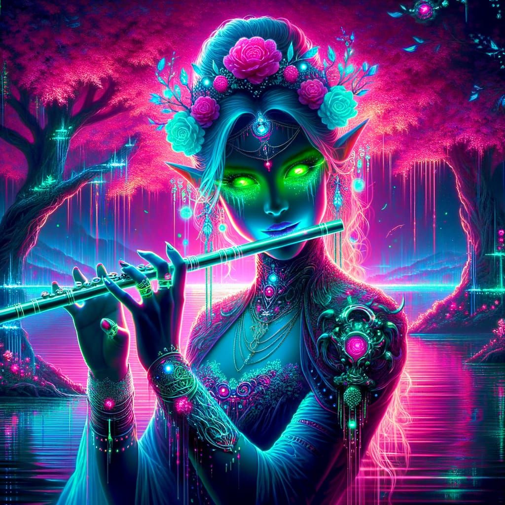 Cyberpunk Elven Bard Playing Flute Amidst Neon Lake