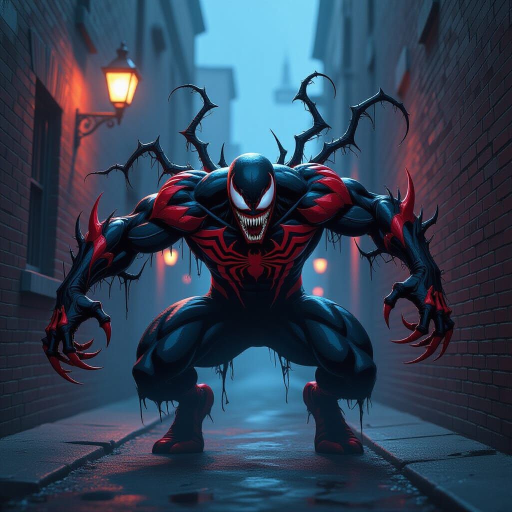 Monstrous Carnage Venom Spider-Man Hybrid in Shadowed Alley
