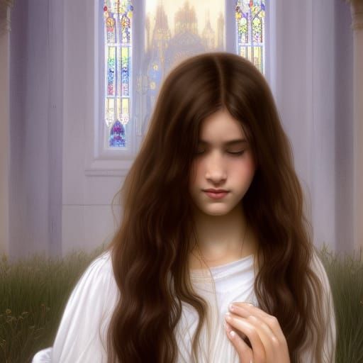 Girl Praying Before Church: Detailed Digital Portrait