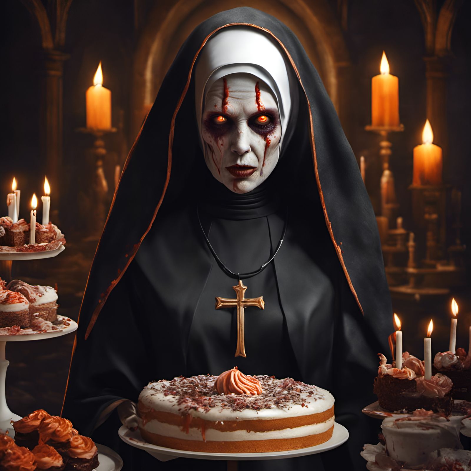 Zombie Nun Cake Sale: Hyperrealistic Fantasy Portrait