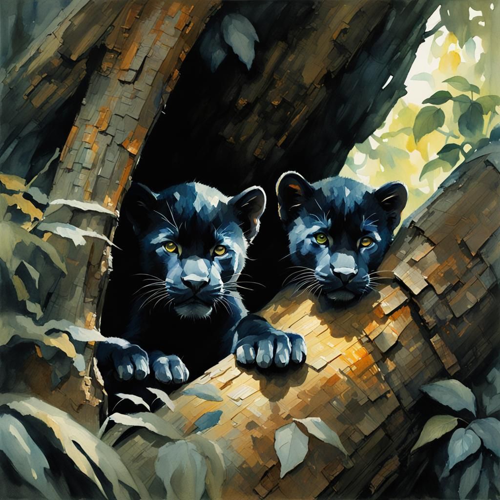 Black Panther Cubs Hide: Watercolor Fantasy Art