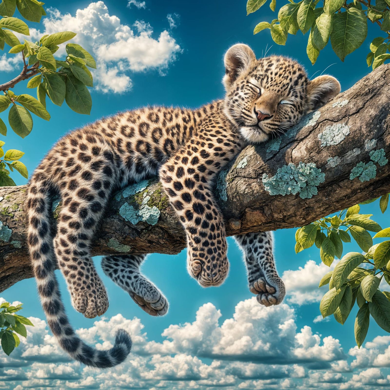 Surreal Hyperrealistic Leopard Cub Slumbers on Branch