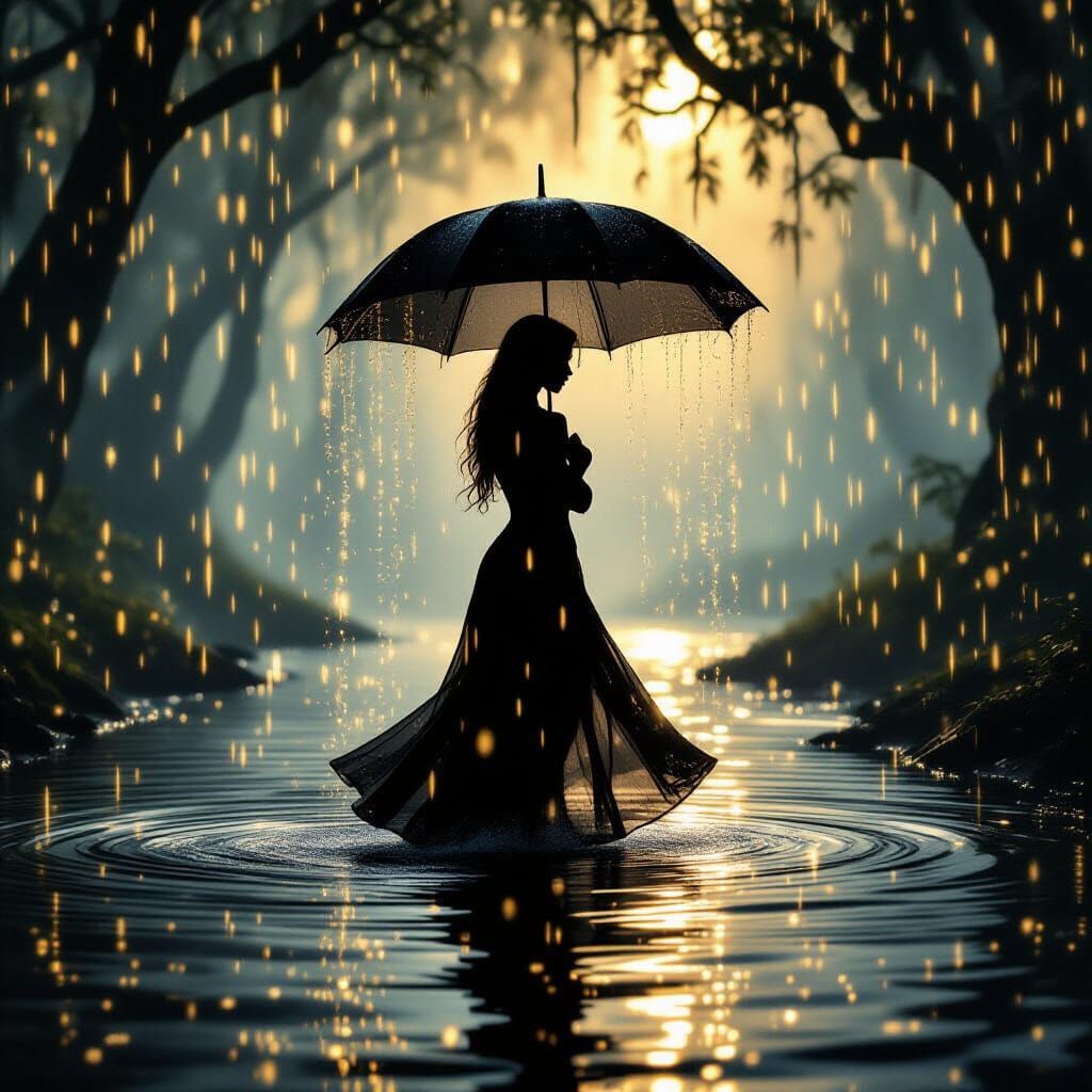 Mystical Forest Dance with Golden Rain