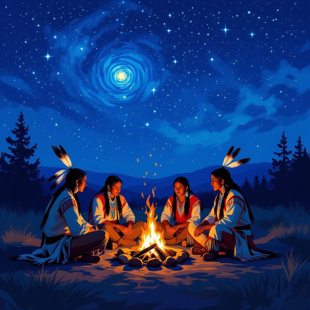 Cherokee Campfire Under Starry Sky in Expressive Style