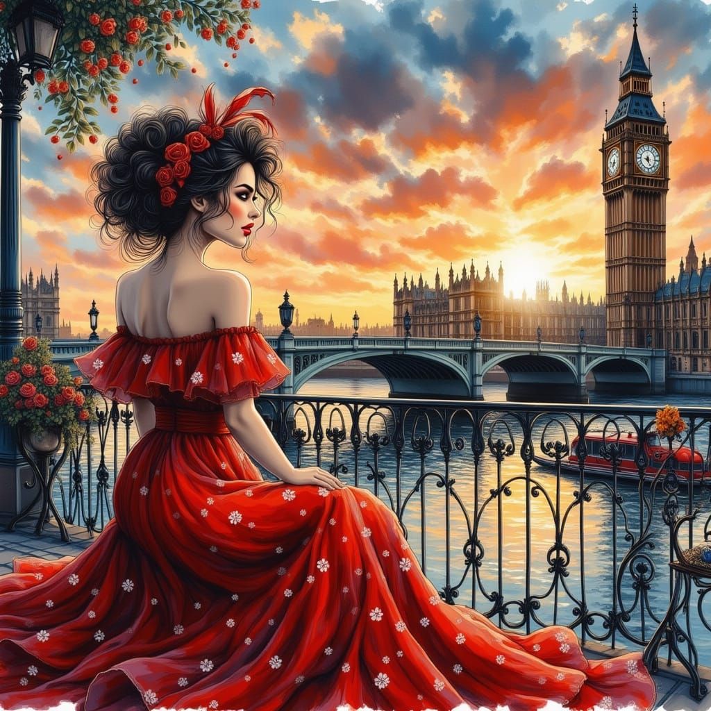 Woman on Terrace at Sunset: Impressionist Oil Painting