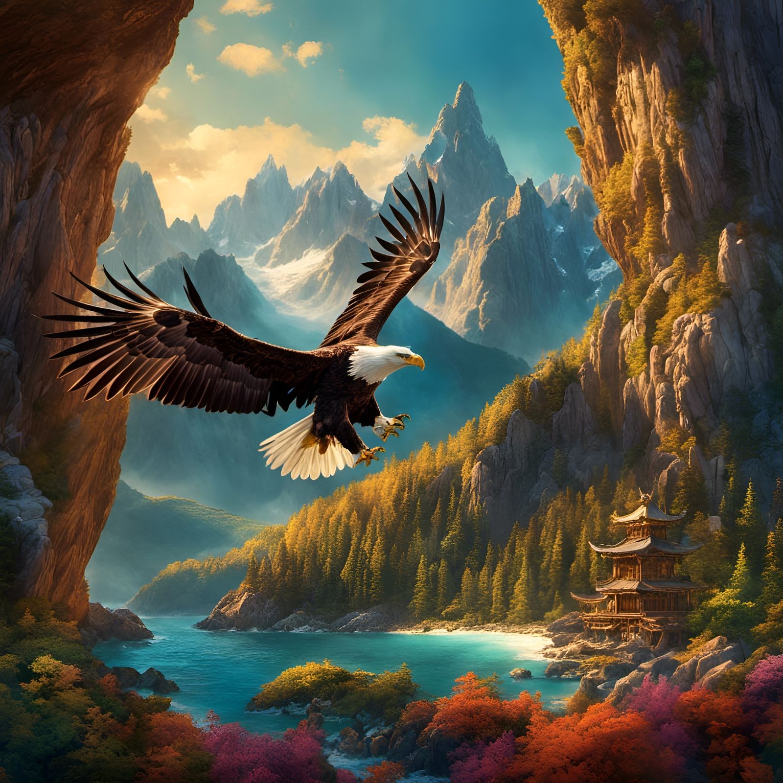 Eagle Soaring over Rocky Mountains in Fantasy Art