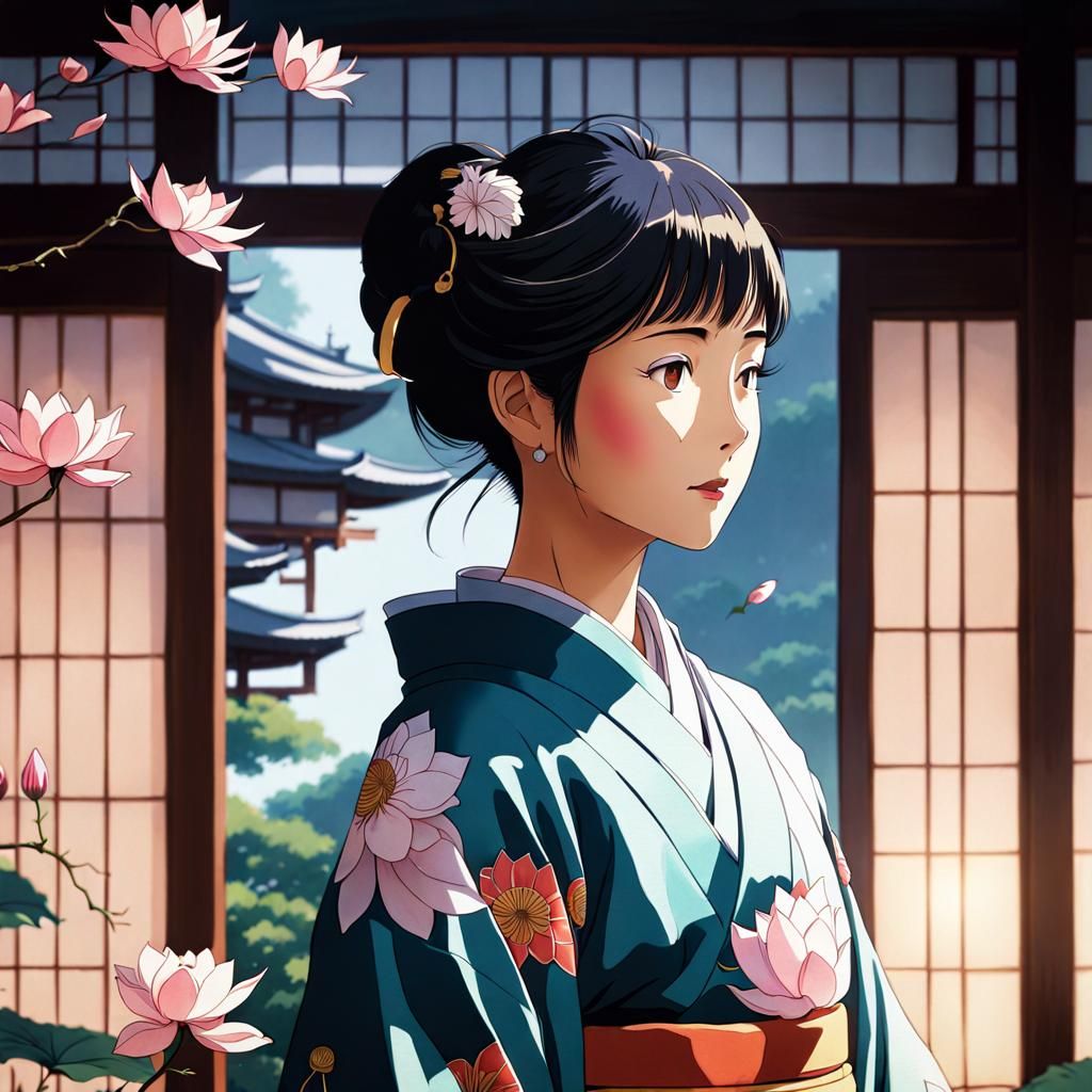 "Ink painting, pretty asian lady wearing Japanese kimono, lo...