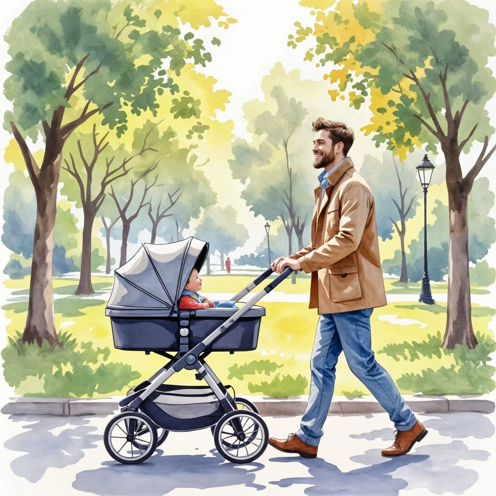 Man Pushing Pram in Park, Watercolour Painting