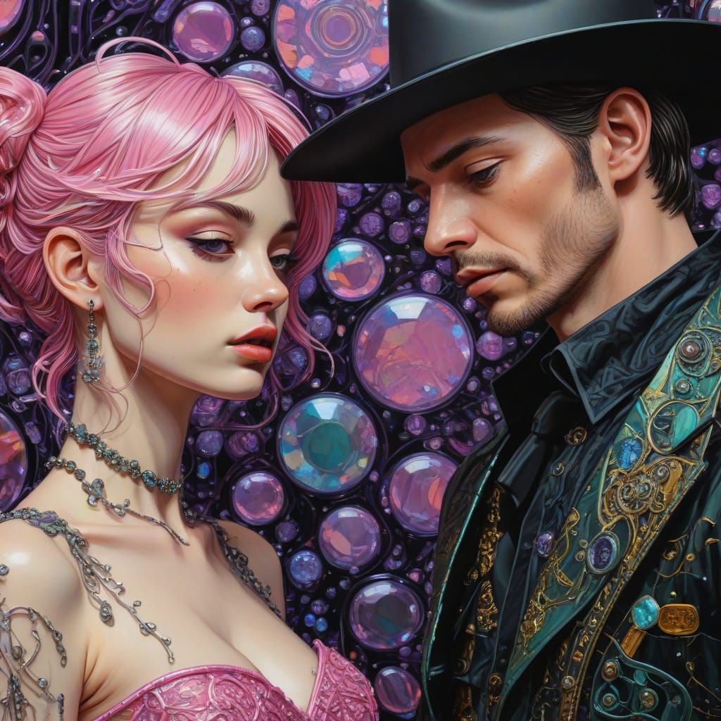 Surreal Pop Art: Girl, Cowboy, and Iridescent Bubbles