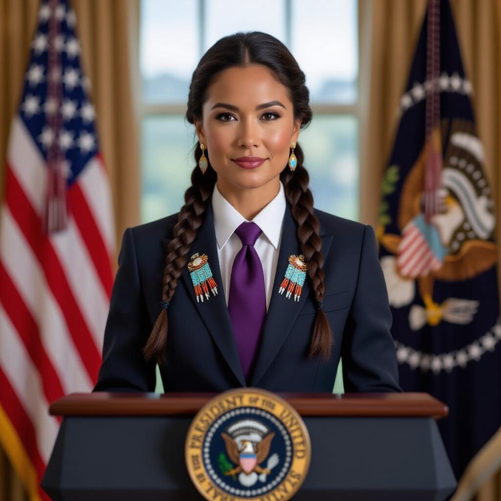 Native American Woman as US President in Realistic Style