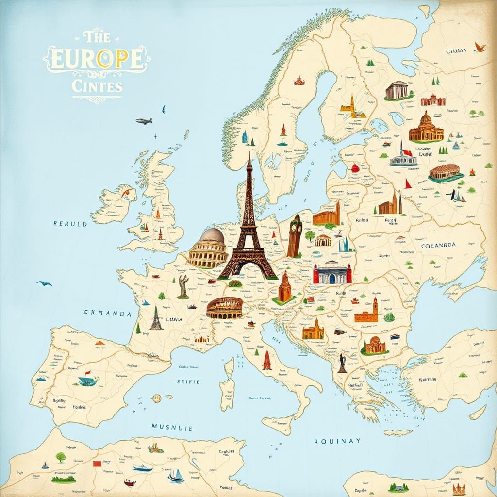 Detailed Map of Europe's Capitals and Landmarks