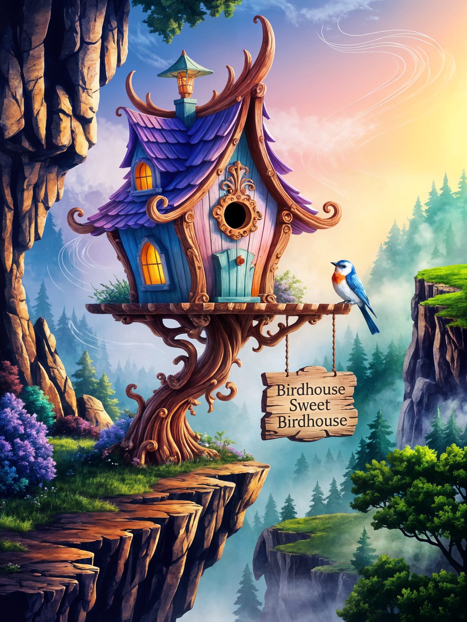 Fantasy Birdhouse on Cliffside Overlooking Forest