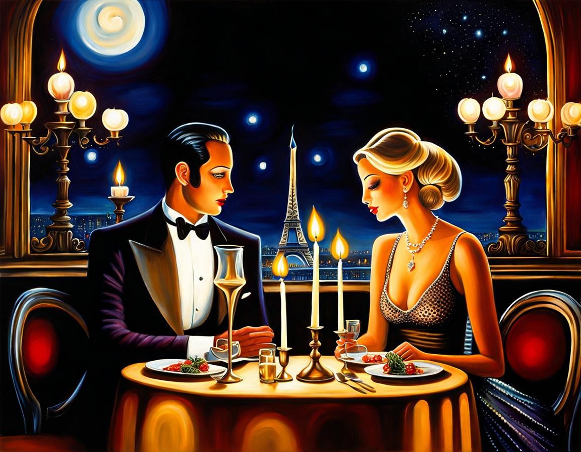 Romantic Parisian Night Scene in Pop Surrealism Style