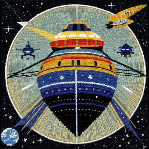 UFO in Space as Needlepoint Folk Art