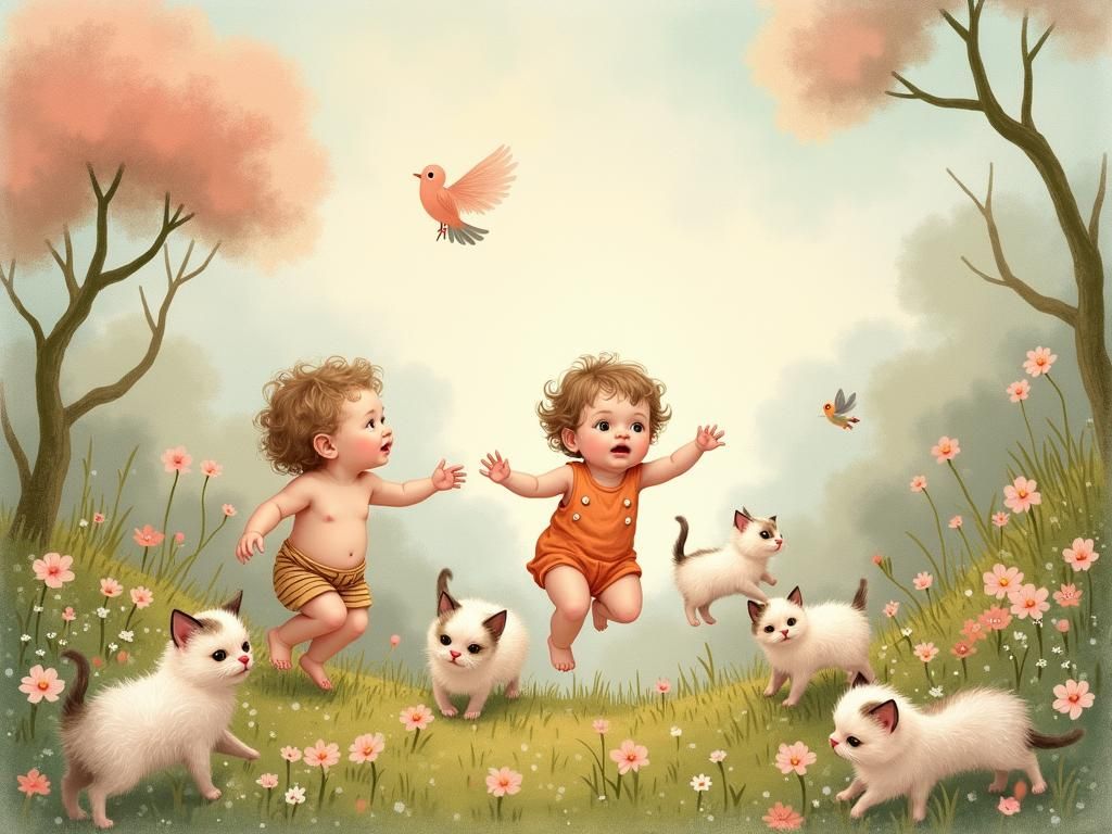 Babies and Kittens in Whimsical Wonderland